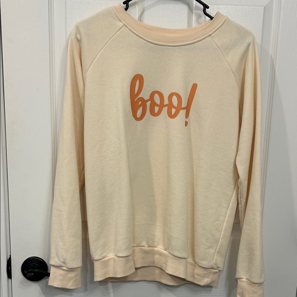 Uncharted Threads “boo!” Sweatshirt. Size small. Peach with orange writing.